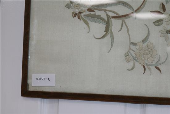 A Chinese embroidered silk bird panel width 60cm height 56cm